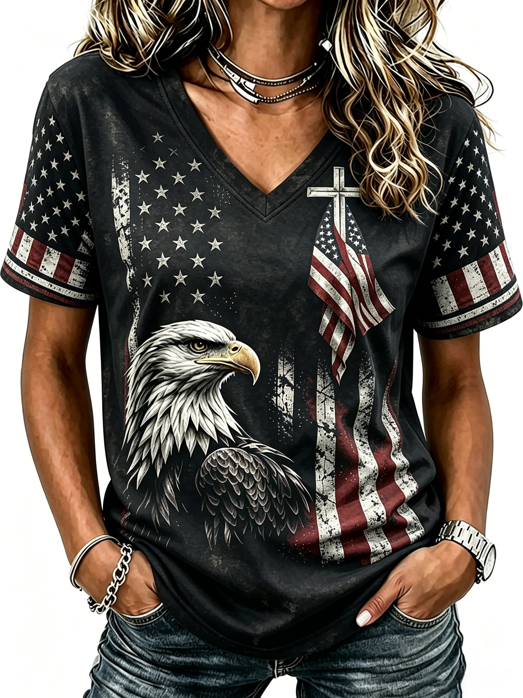 American Cross Flag Commemorative Print V-Neck Top