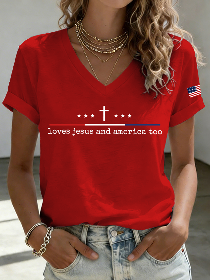 Women'S Loves Jesus and America Too Print Printed T-Shirt