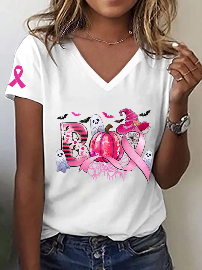 Women's Breast Cancer Awareness Boo Scale Away Breast Cancer Pink Ribbon Pumpkin Ghost Print T-Shirt