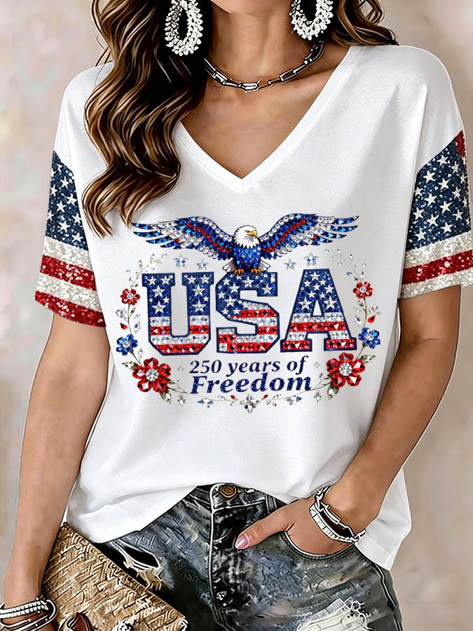 Women'S America Flag Print Casual V-Neck T-Shirt