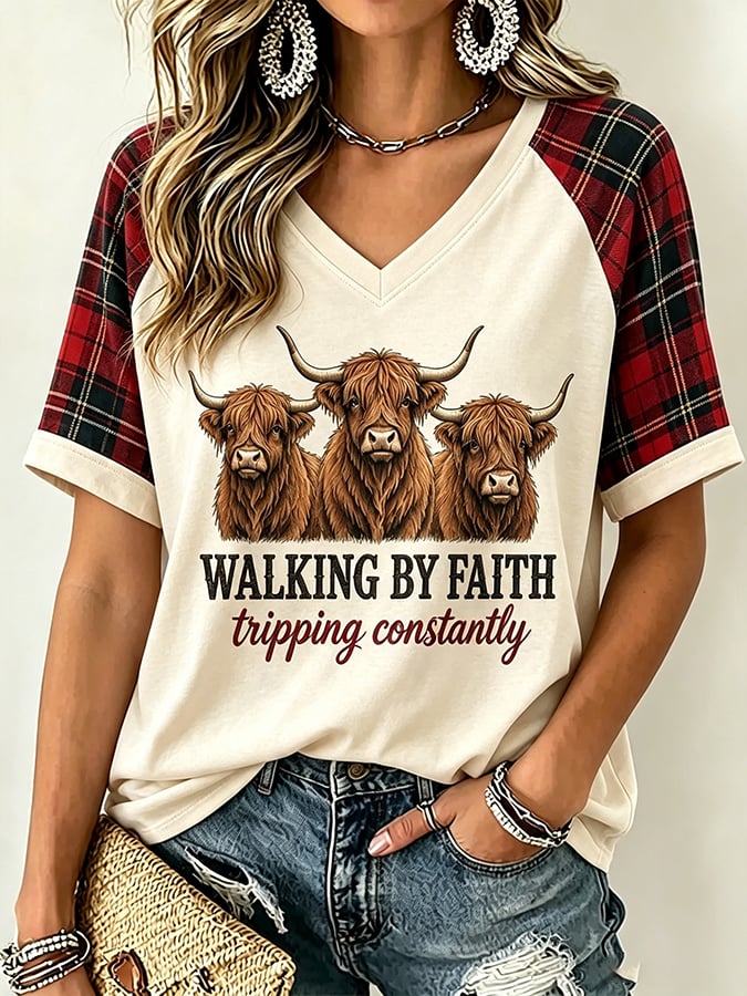 Women's Faith Highland Cow Print Raglan T-Shirt
