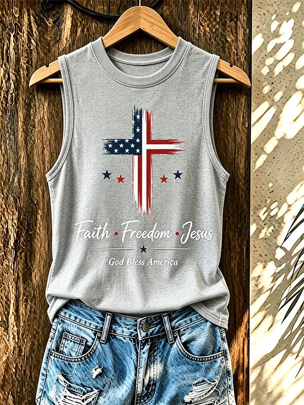 Women'S Faith Freedom Jesus Vintage American Flag Cross Tank Top