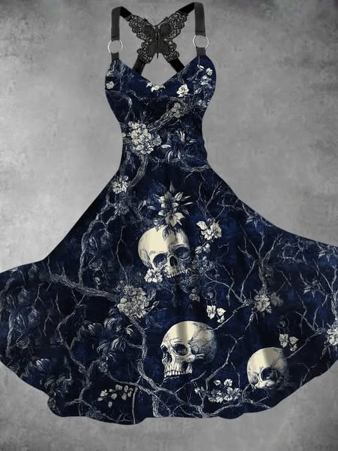 Women's Blood Stain Skull Floral Suspender Dress