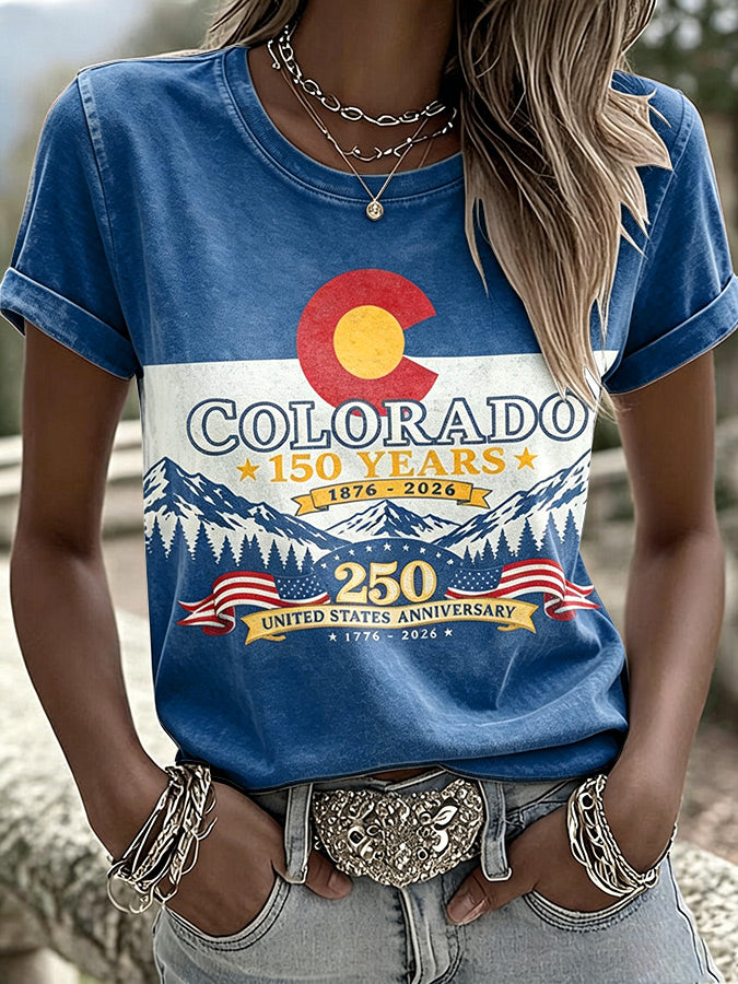 Women'S Casual COLORADO STRONG Mountain Fire Printed Round Neck Casual Short Sleeved T-Shirt