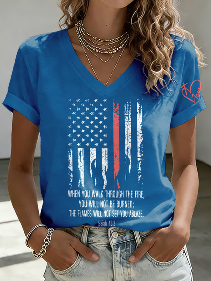 Wilderness Eagle Cross Faith Through The Fire V Neck Short Sleeve Vintage T-Shirt