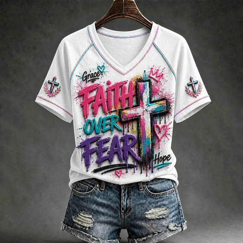 Faith Over Fear Christian Graffiti Cross Graphic V-Neck T-Shirt Inspirational Faith Tee