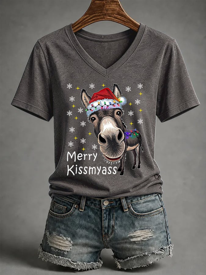 V-Neck Retro Funny Christmas Donkey Merry Kissmyass Print T-Shirt