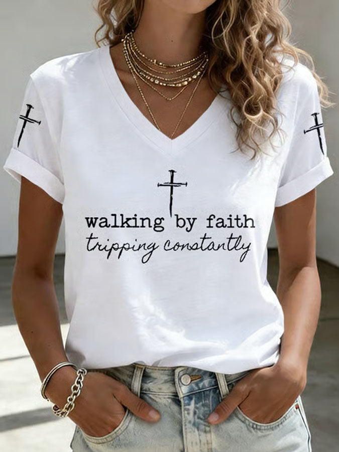 Women's Walk By Faith Not By Sight Print Casual T-shirt