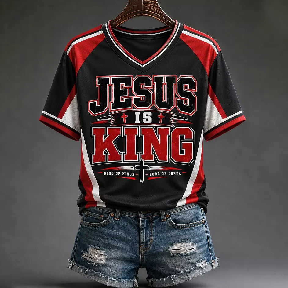 Women's Jesus Is King Print Casual V-Neck Tee