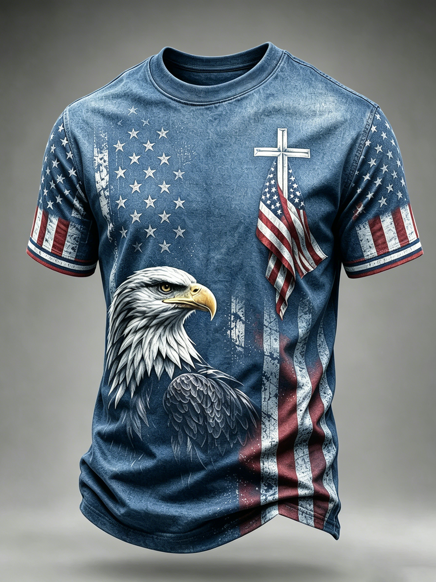 American Flag Eagle Casual Printed Round Neck T-shirt
