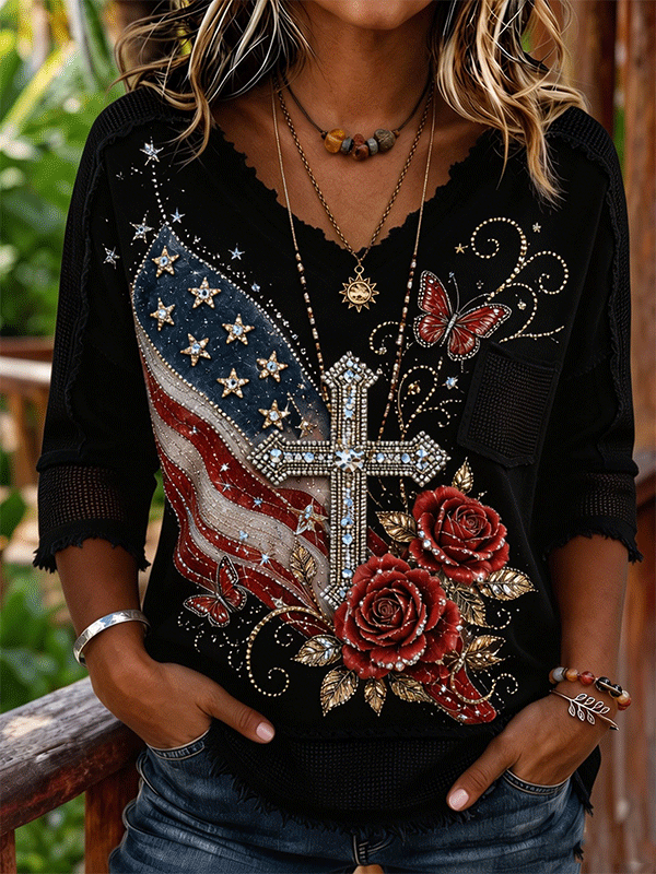Women's Distressed Mesh Fringe USA Flag Cross Rose Print V Neck Casual T-shirt