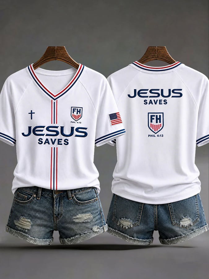 Women'S Casual Printed Top With "Jesus Saves" Theme