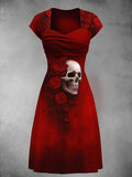 Women's Retro Skull Art Print V Neck Dress
