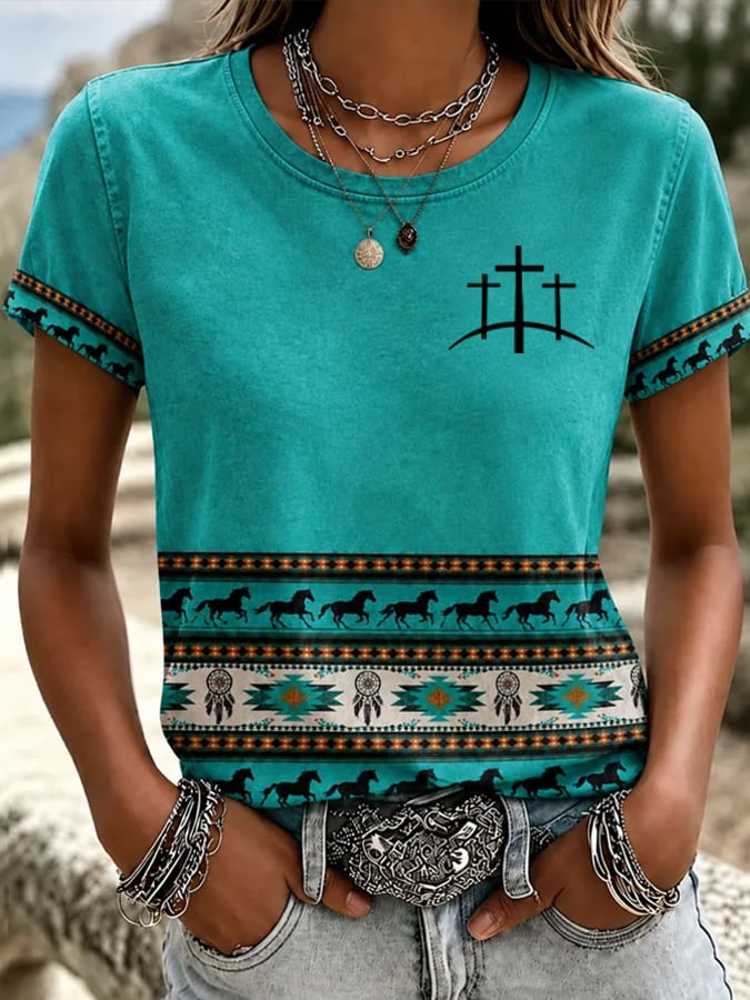 Women's Western-Style Vintage Cross-Print Casual T-Shirt