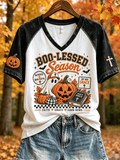 Women's Boo-Lessed Season Fall Camping Christian Ghost Print Short-Sleeved T-Shirt