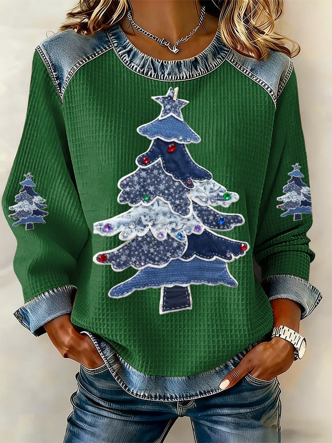 Women's Casual Western Christmas Tree Waffle Sweatshirt