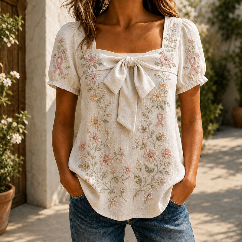 Pink Ribbon Floral Bow Short Sleeve Blouse