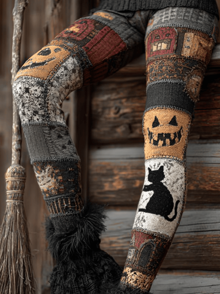 Women's Halloween Black Cat Style Comfortable Knitted Print Leggings