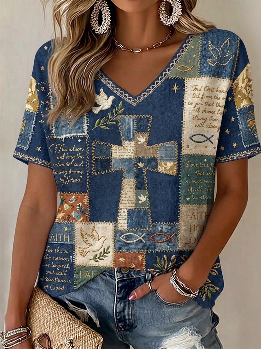 Women's Faith Print V-Neck Top