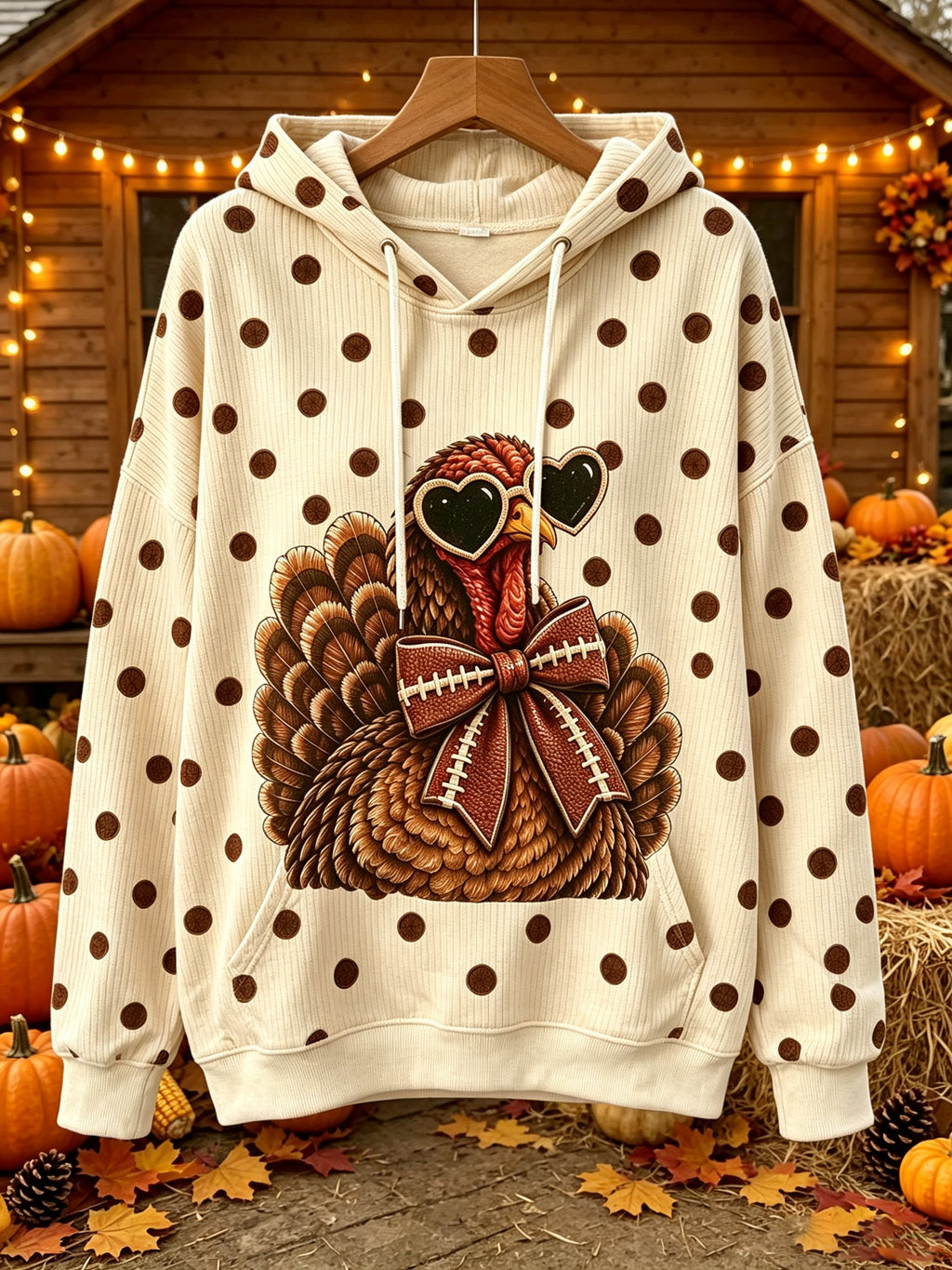 Women's Fun Turkey Football Print Hooded Knit Top
