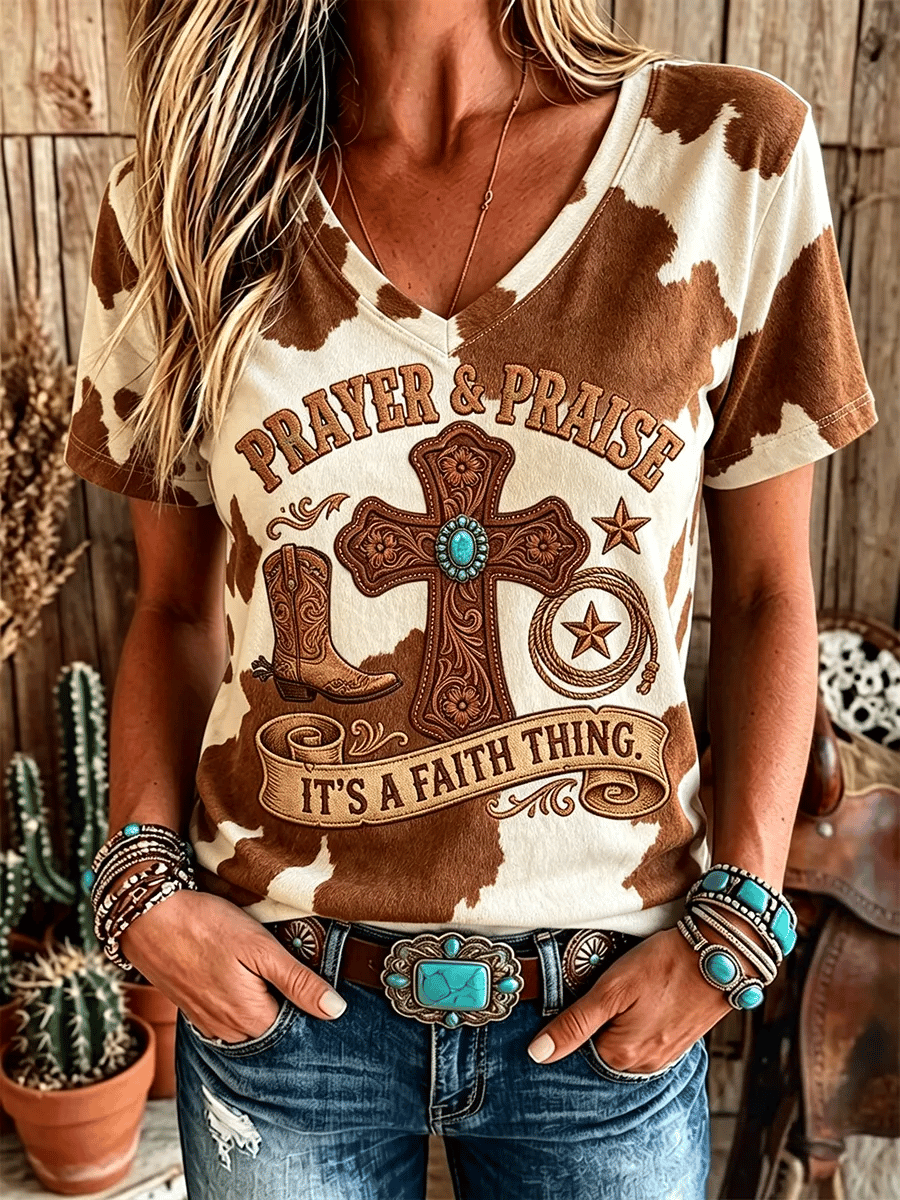 Women's  Retro Western-Style Faith Print T-shirt