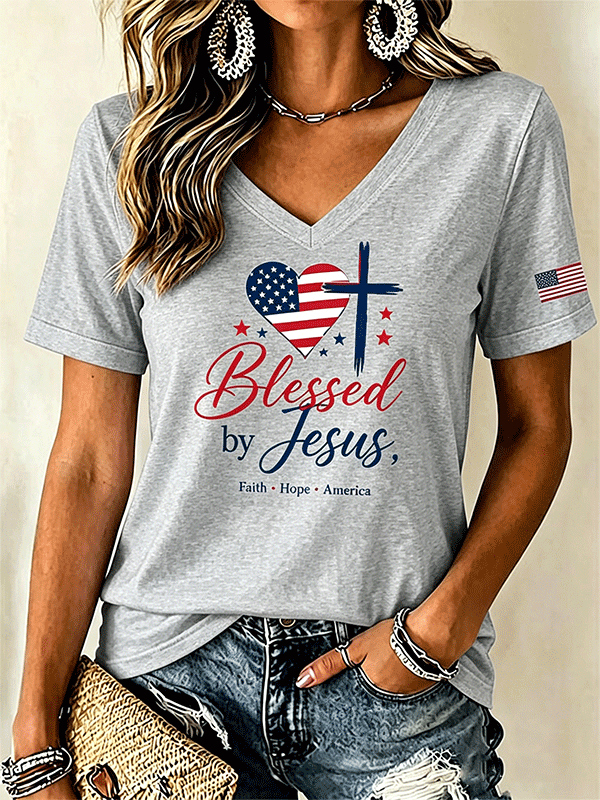 Women's Blessed By Jesus Faith Hope America Heart USA Flag Print T-Shirt