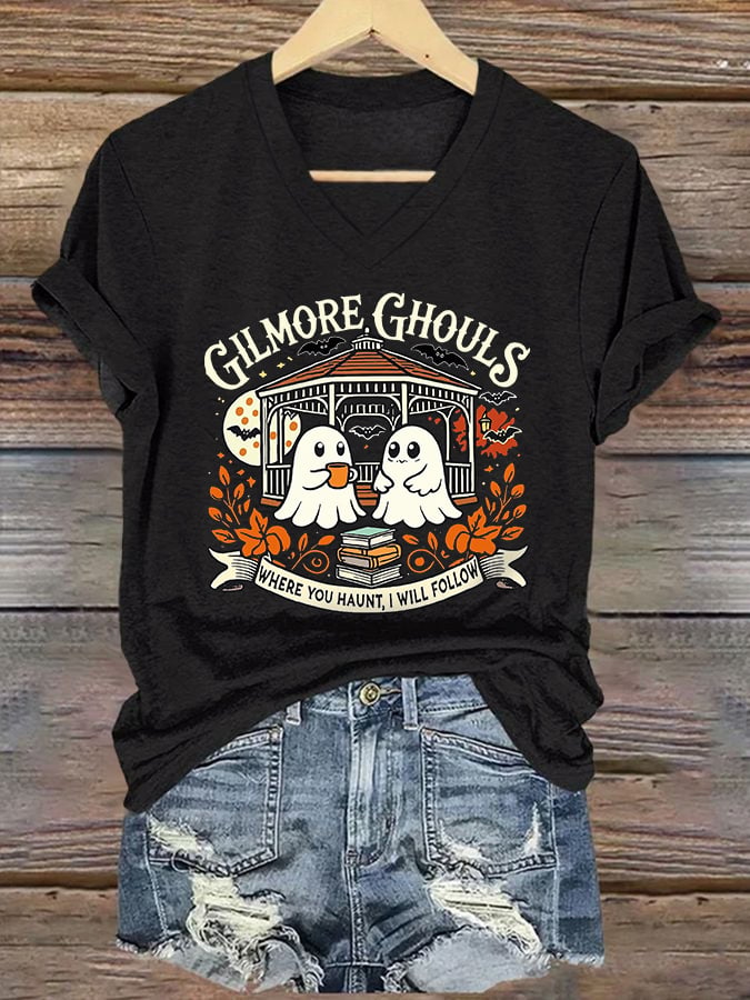 🔥HOT SALE🔥V-Neck Retro Gilmore Ghouls Where You Haunt, I Will Follow Print T-Shirt