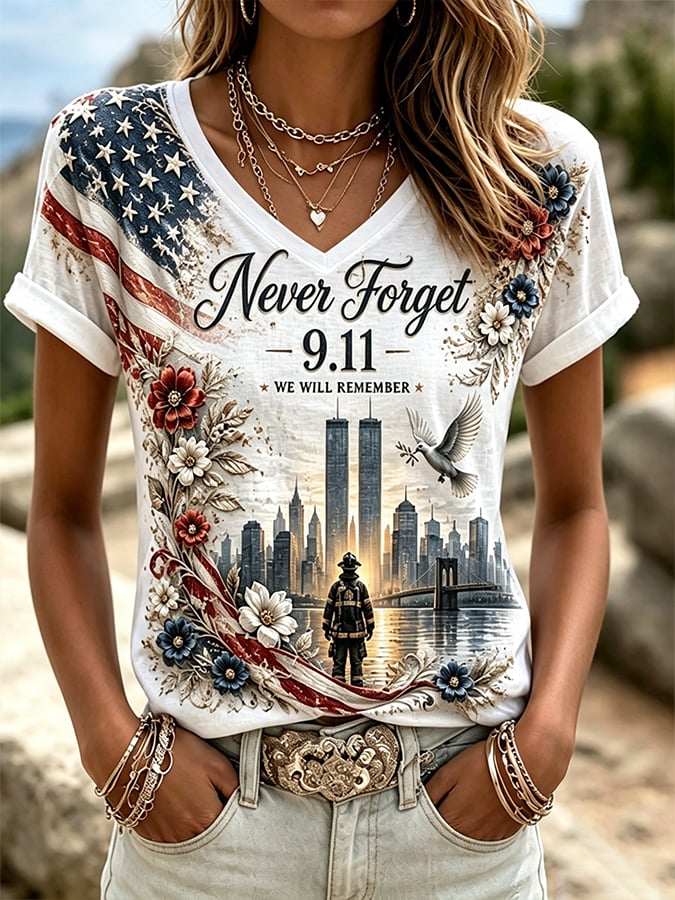 🕯️Women's  Retro  9.11 Never Forget Print T-shirt