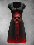 Women's Retro Skull Art Print V Neck Dress