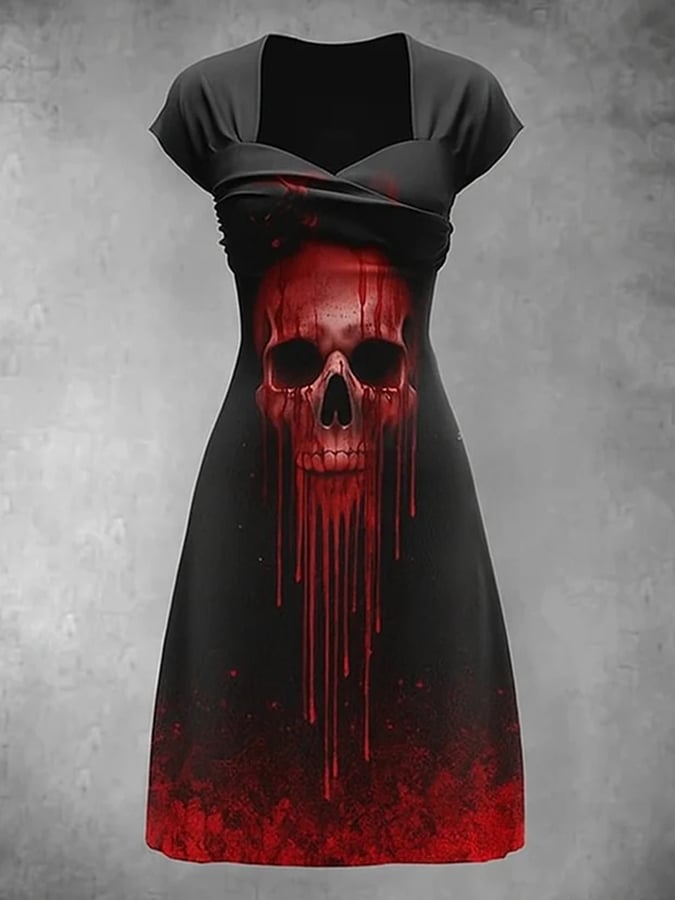 Women's Retro Skull Art Print V Neck Dress