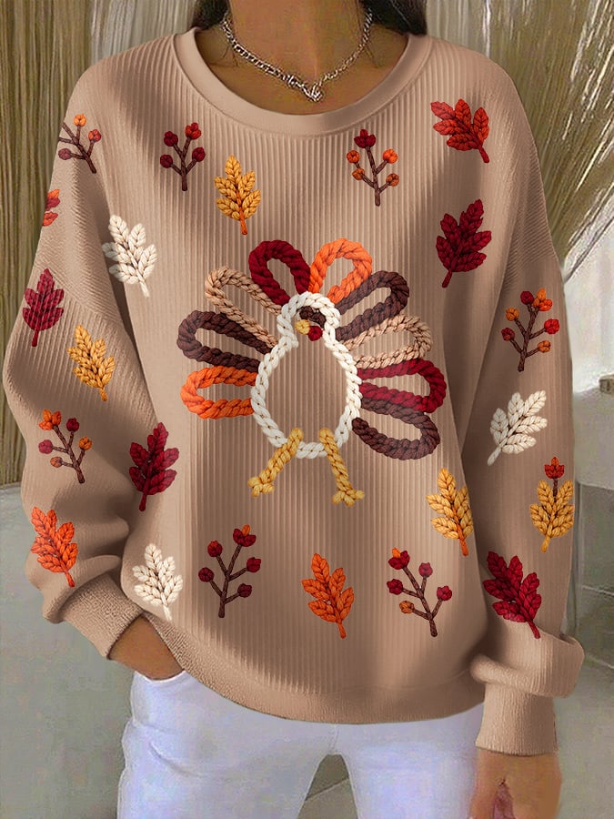 Women's Casual Printed Waffle Long-Sleeve Top