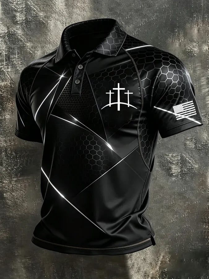 Men's Retro Faith Cross Print Casual Polo Shirt