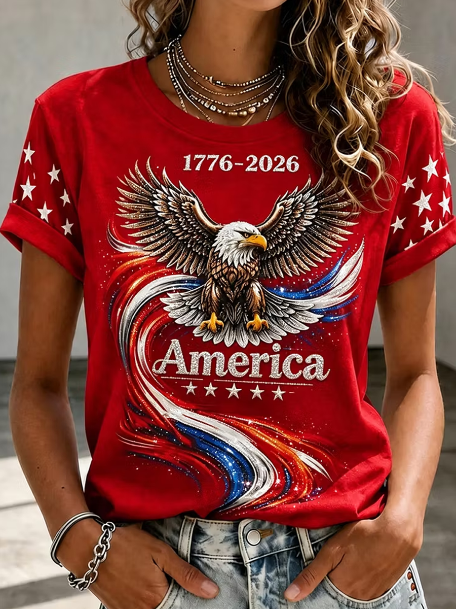 Women's Retro Independence Day Eagle Printed Crew Neck Casual Tops