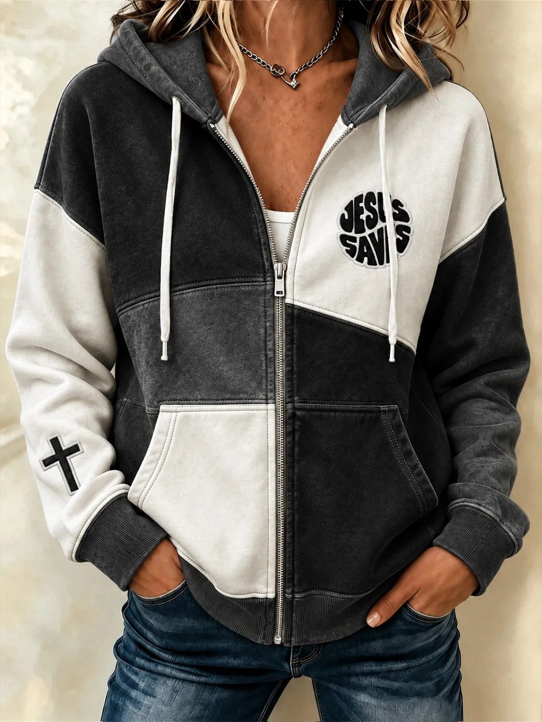 Women's faith-themed color-blocked design casual zip-up hoodie