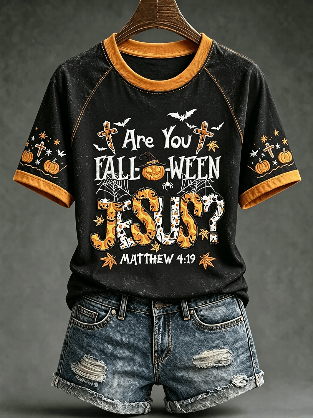 Women's retro faith theme Halloween element pattern printed casual short sleeve T-shirt