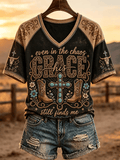 Women's Retro His Grace Still Finds Me Western Faith Printed Top