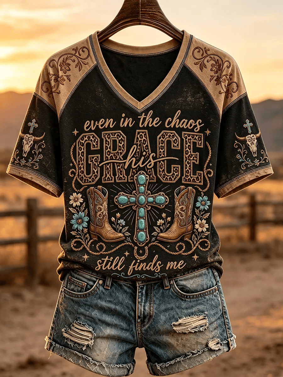 Women's Retro His Grace Still Finds Me Western Faith Printed Top