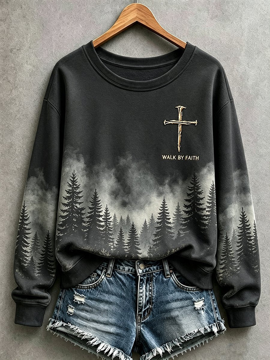 Women's Casual "Faith" Cross-Print Sweatshirt