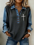 Women's Vintage Faith Jacquard Textured Patchwork Denim Knit Button Top