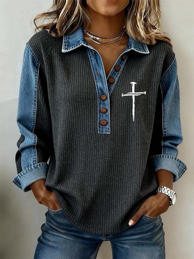 Women's Vintage Faith Jacquard Textured Patchwork Denim Knit Button Top
