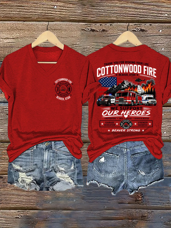 V-Neck Retro Beaver Strong Cottonwood Fire Beaver, Utah We Support Our Heroes Courage • Dedication • Strength • Sacrifice Print T-Shirt