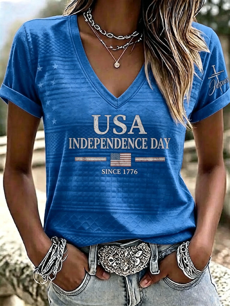 Women'S America Flag  Faith Print Casual V-Neck T-Shirt