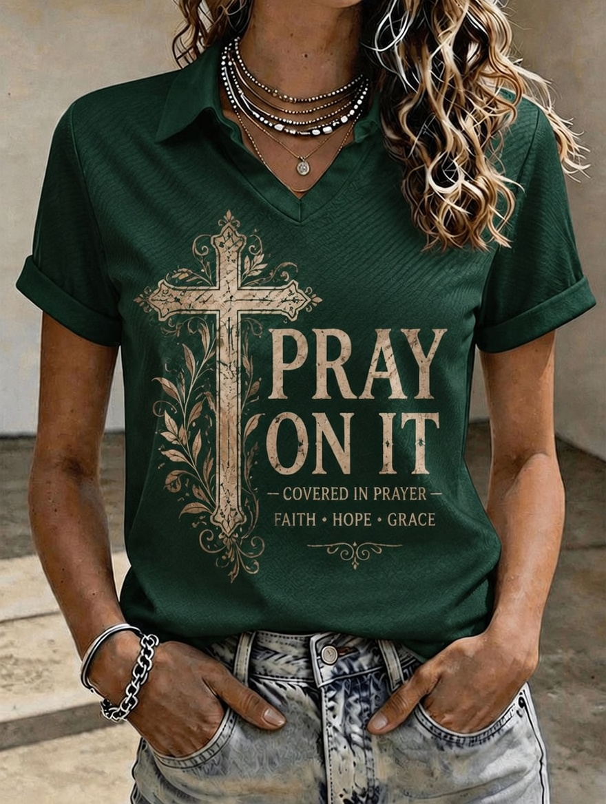 Vintage Floral Cross Pray On It Women Lapel V Neck Short Sleeve Polo Shirt