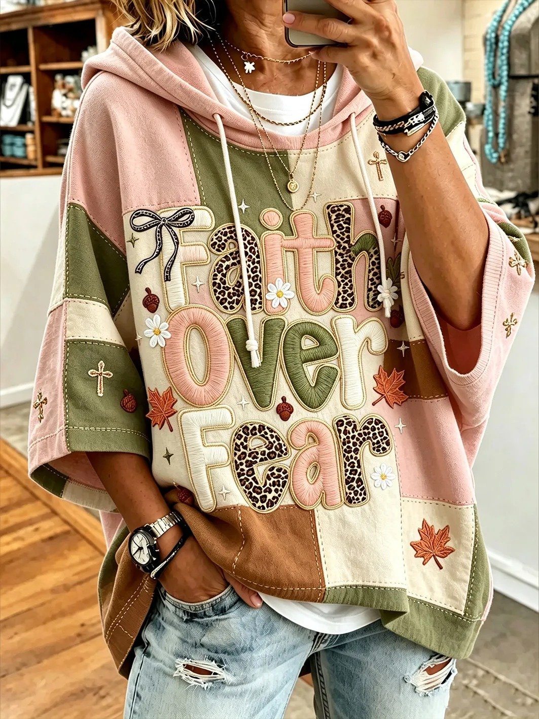 Women's Autumn Themed Faith Slogan Print Casual Hoodie