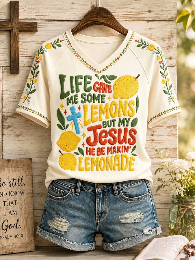 A woman's Christian T-shirt with the tagline "Life has given me some lemons, but my Jesus is making lemonade from them."