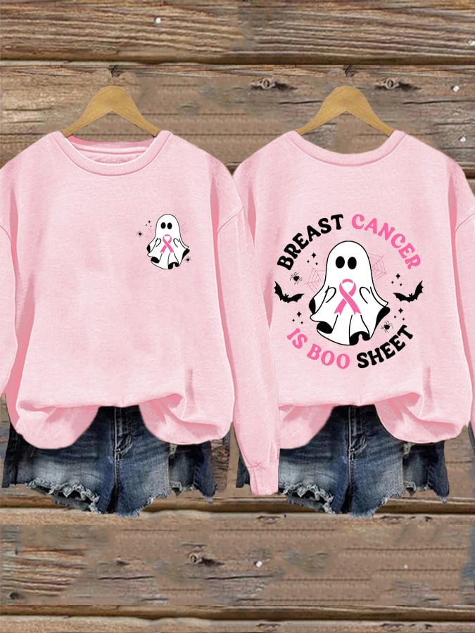 Women's Breast Cancer Awareness Halloween Breast Cancer Is Boo Sheet Pink Ribbon Print Crew Neck Sweatshirt