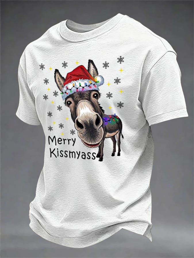 Men's Retro Funny Christmas Donkey Merry Kissmyass Print T-Shirt