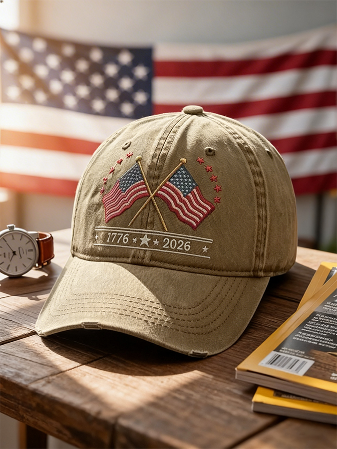Crossed American Flags 1776-2026 Washed Baseball Cap